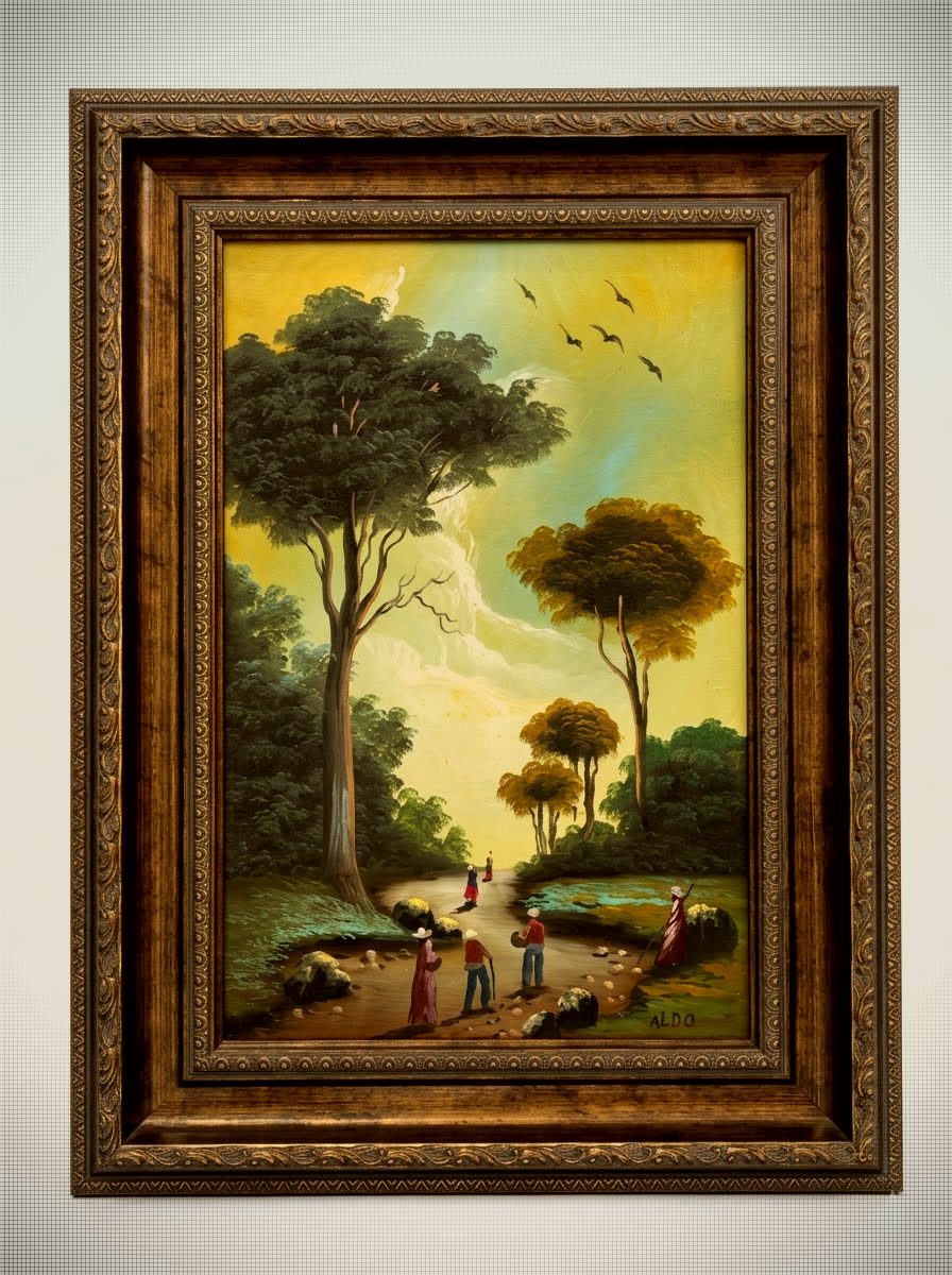 Paysage européen vintage au chemin de campagne, peint à l’huile et signé ALDO