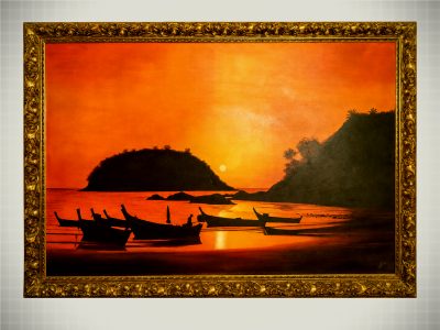 Grande marine signée au coucher de soleil tropical avec bateaux