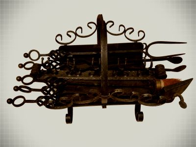 Large Vintage Hand-Forged Wrought-Iron Fireplace and Hearth Tool Set