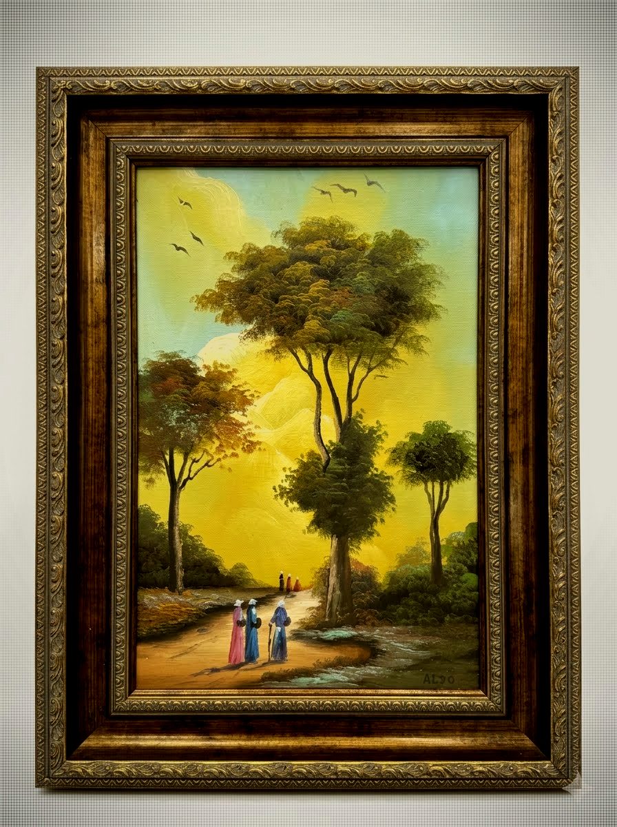 Vintage European Golden Sunset Landscape Oil Painting by ALDO