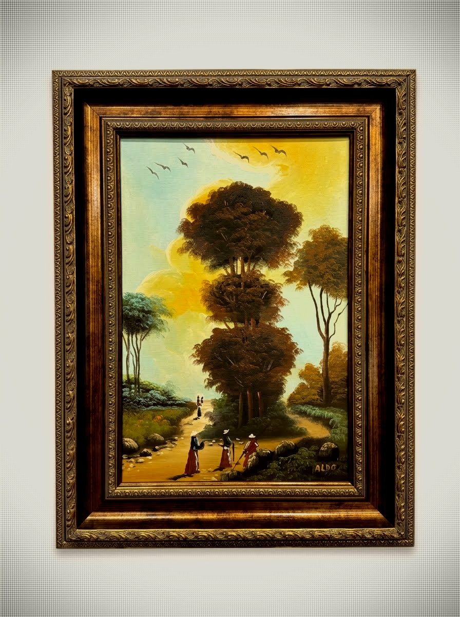 Vintage European Tiered Grove Landscape Oil Painting by ALDO