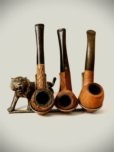 Vintage Marco, Medico and EWA Briar Pipe Collection with Silver-Plated Brass Tiger Stand