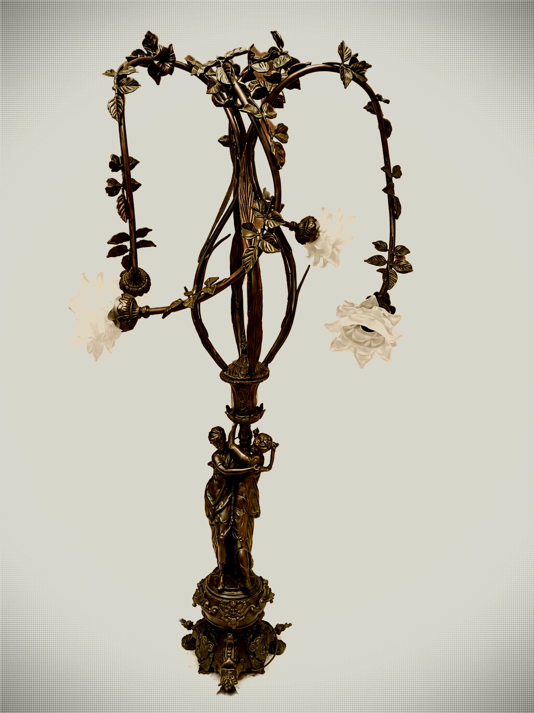 Monumental Patinated-Bronze Figural Floor Lamp and Matching Floral Chandelier