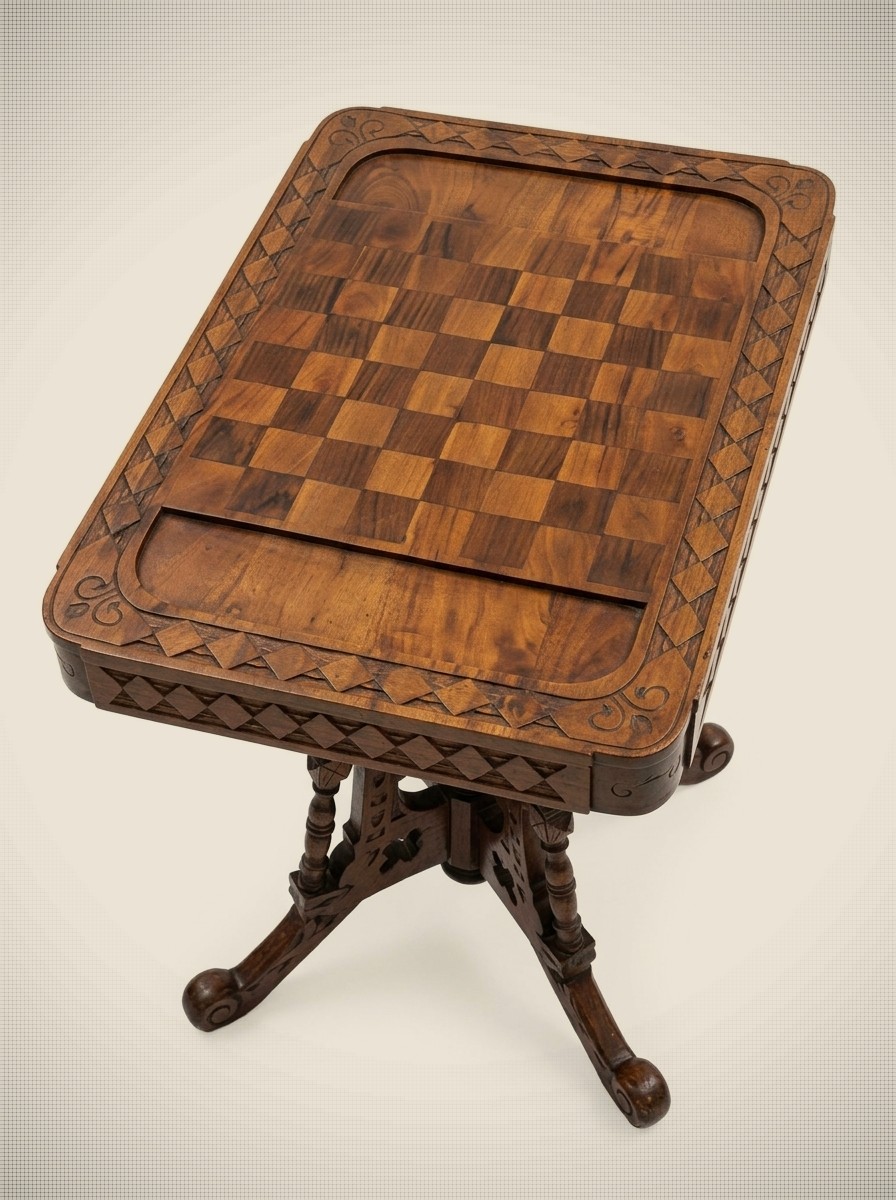 Vintage Hand-Carved Wooden Chess Table