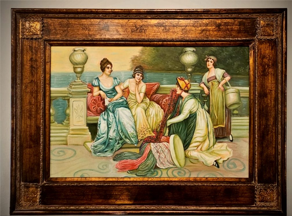 Regency-Style Salon Conversation Scene – Oil on Canvas