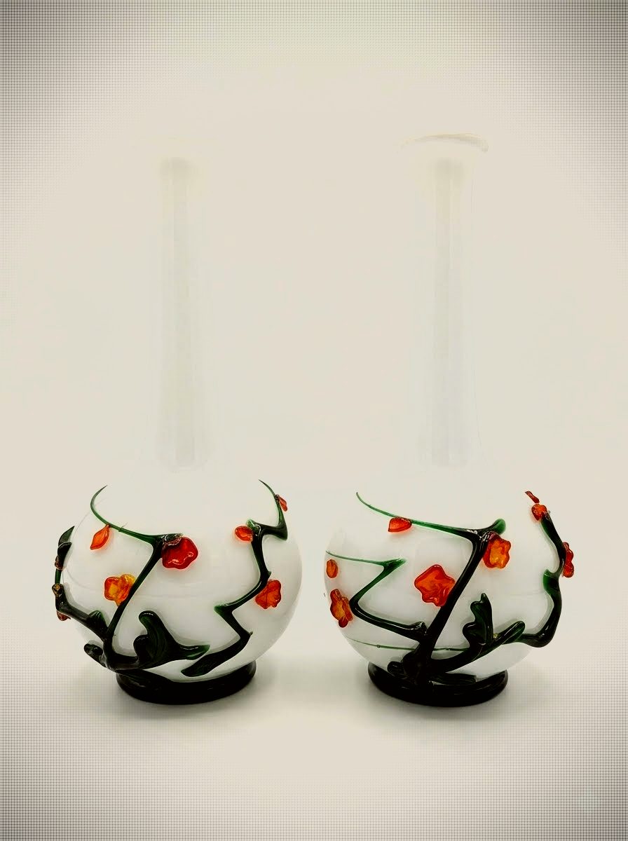 Pair of Vintage Mid-Century Opaline Art Glass Blossom Vases