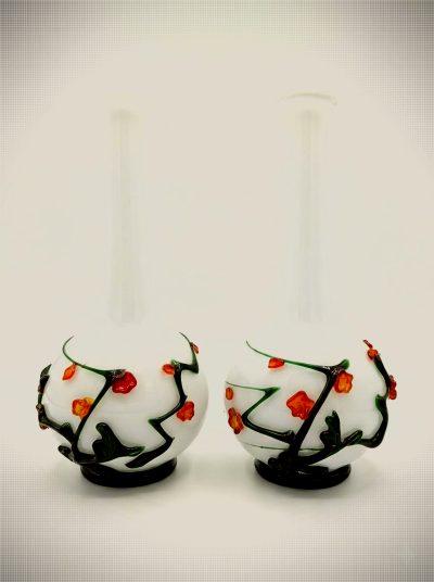 Pair of Vintage Mid-Century Opaline Art Glass Blossom Vases