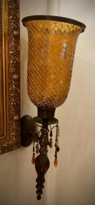 Pair of Vintage Bombay Saffron Mosaic & Brass Wall Sconces