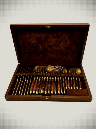 Mid-Century Modern Royal Bronze & Rosewood 24-Piece Flatware Set