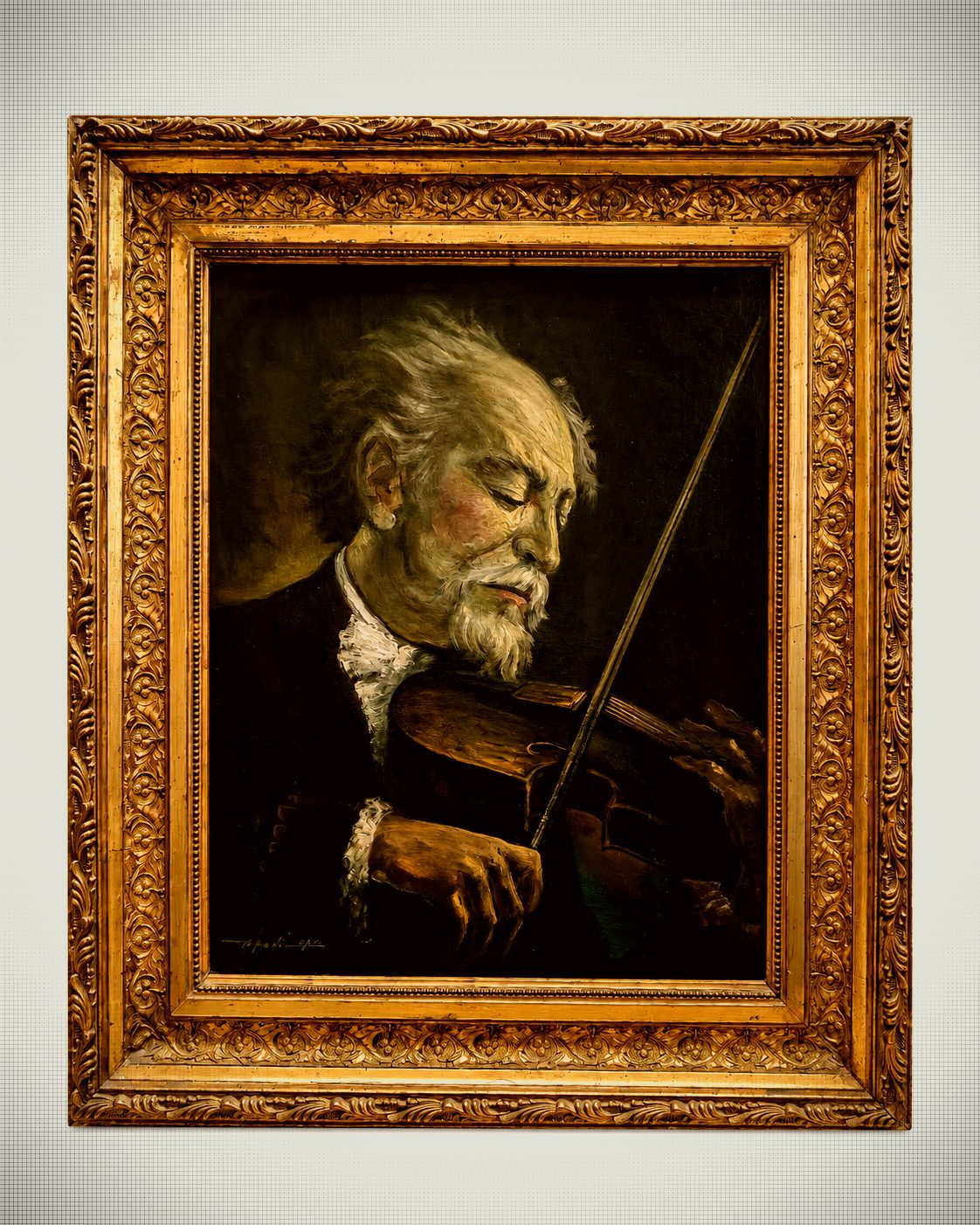 Signed Portrait of an Elderly Violinist in Ornate Giltwood Frame