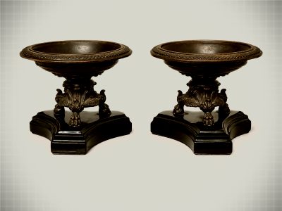 Pair of Miniature Empire Revival Bronze Tazzas on Black Marble Bases
