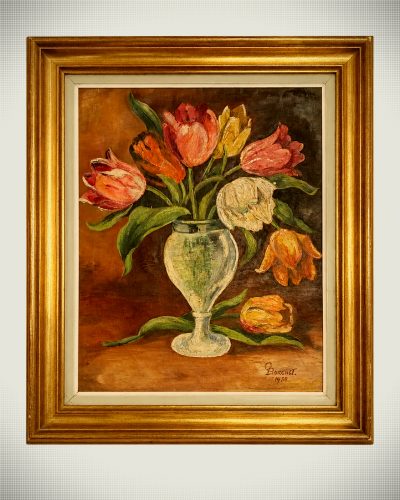 طبيعة صامتة زهرية بأزهار التوليب، موقّعة C. Borguet ، ١٩٣٨