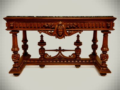 French Henri II Renaissance Revival Carved Walnut Console Table with Green Marble Top