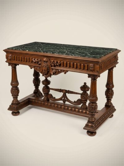 French Henri II Renaissance Revival Carved Walnut Console Table with Green Marble Top