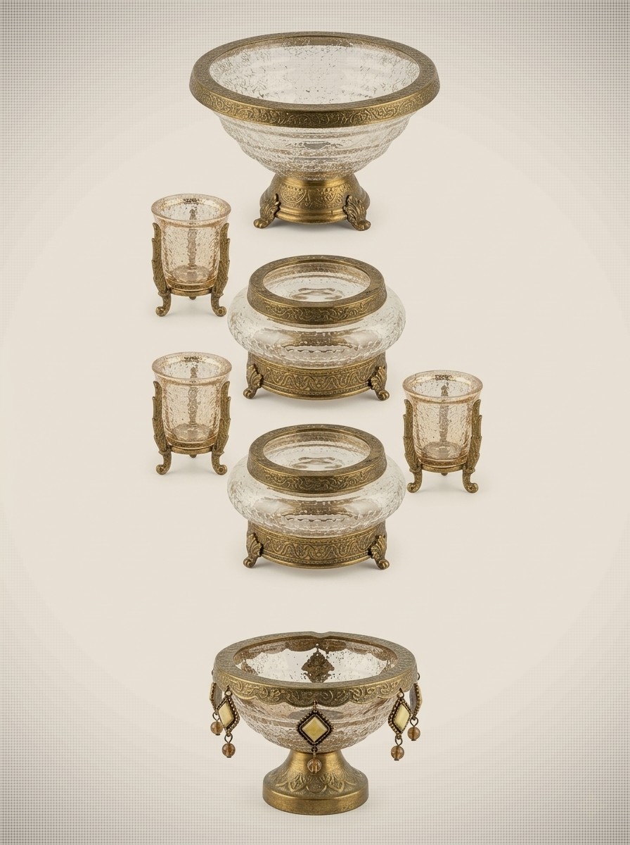 Vintage-Style Amber Crackle Glass & Gilded Brass Console Set