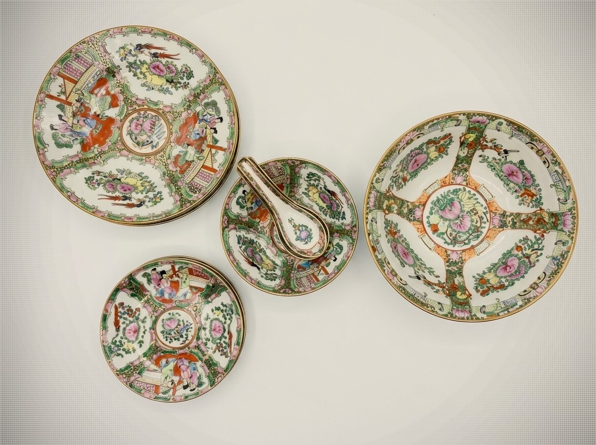 Set of Vintage Chinese Rose Medallion Porcelain Plates