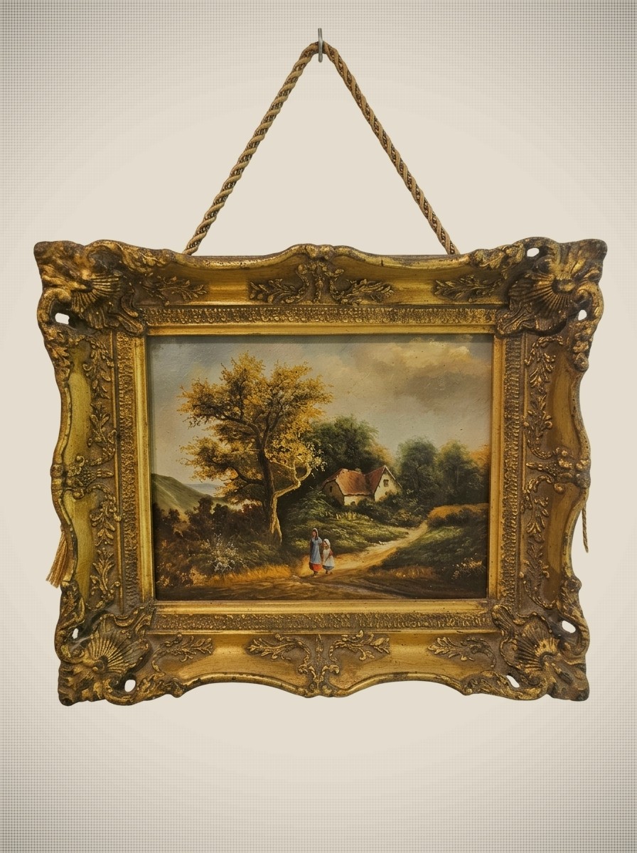 Scène de cottage avec personnages sur un chemin de campagne